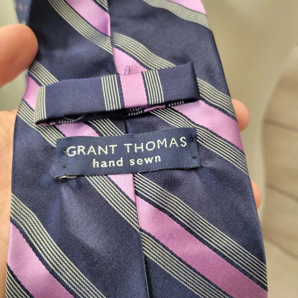 Grant Thomas Lot of 2 Neck Ties Navy, Gray, Purple Prints